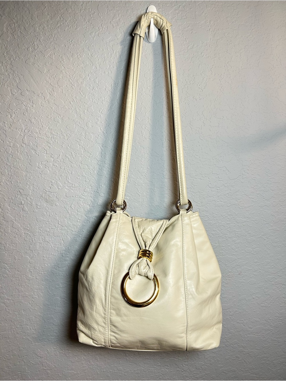 Vintage women Cream Shoulder Hobo with Large Gold Ring Accent